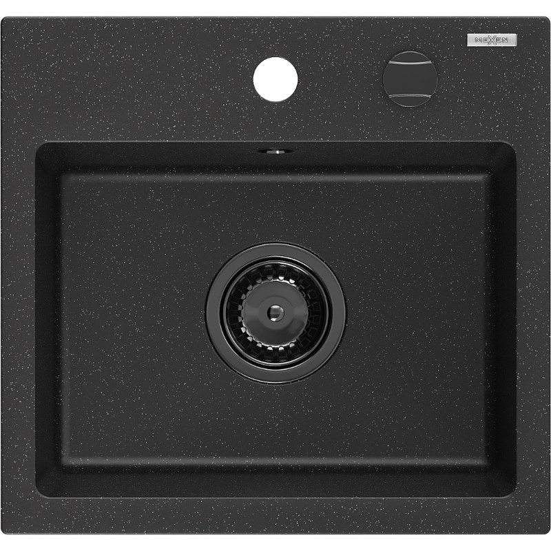 Mexen Milo 1-Bowl Granite Sink 435 x 410 mm, Black/Silver Metallic, Black Siphon - 6505441000-73-B