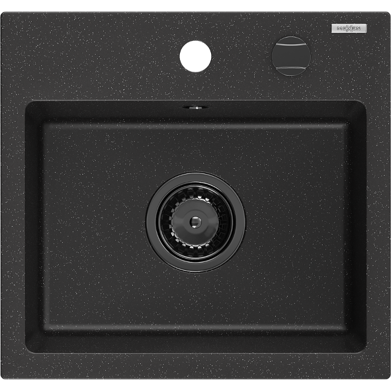 Mexen Milo granite kitchen sink single-bowl 435 x 410 mm, black/silver metallic, black siphon - 6505441000-73-B