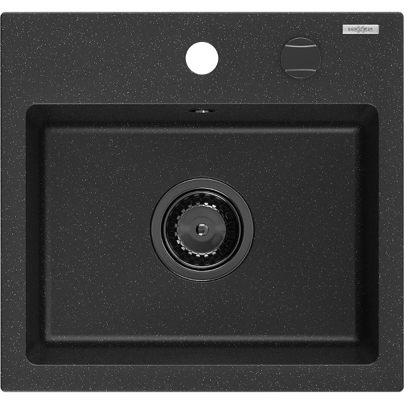 Mexen Milo granite sink 1-bowl 435 x 410 mm, black/silver metallic, black siphon - 6505441000-73-B