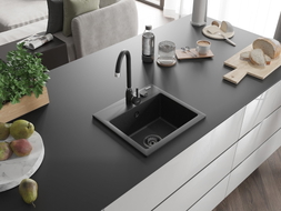 Mexen Milo granite kitchen sink single-bowl 435 x 410 mm, black/silver metallic, black siphon - 6505441000-73-B