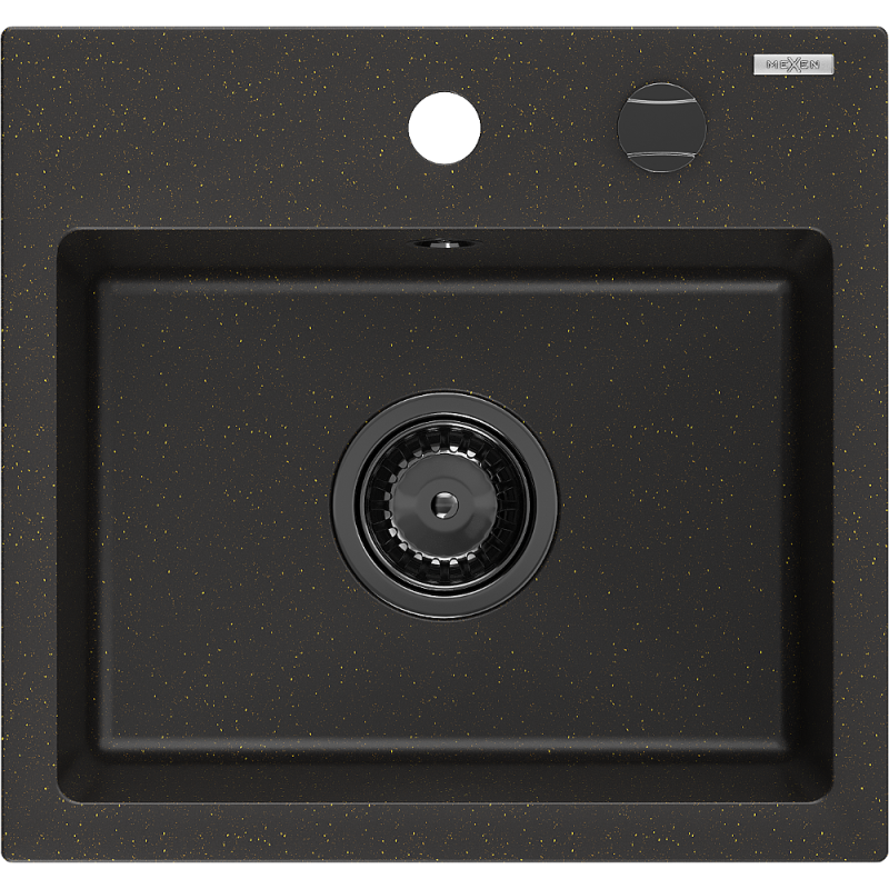 Mexen Milo granite 1-bowl kitchen sink 435 x 410 mm, black/gold metallic, black siphon - 6505441000-75-B