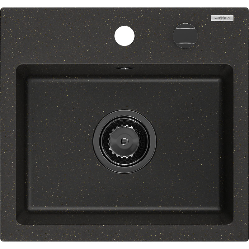 Mexen Milo granite sink 1-bowl 435 x 410 mm, black/gold metallic, black siphon - 6505441000-75-B