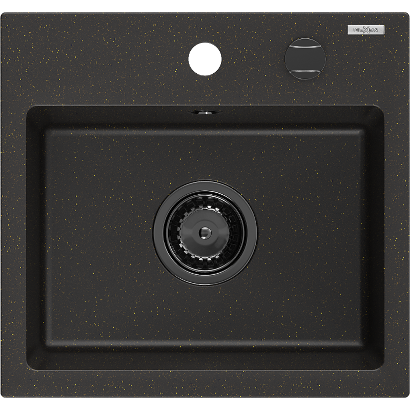 Mexen Milo single-bowl granite sink 435 x 410 mm, black/gold metallic, black siphon - 6505441000-75-B