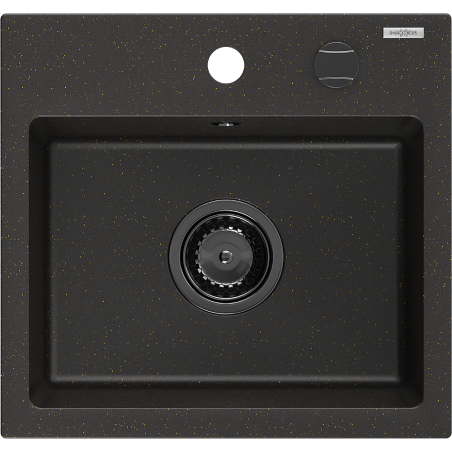 Mexen Milo single-bowl granite sink 435 x 410 mm, black/gold metallic, black siphon - 6505441000-75-B