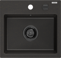 Mexen Milo single-bowl granite sink 435 x 410 mm, black/gold metallic, black siphon - 6505441000-75-B