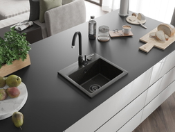 Mexen Milo single-bowl granite sink 435 x 410 mm, black/gold metallic, black siphon - 6505441000-75-B