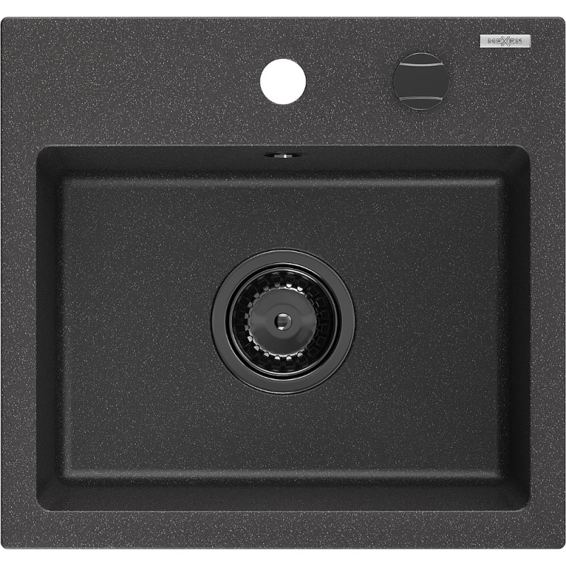 Mexen Milo granit sink 1-bowl 435 x 410 mm, black speckled, black siphon - 6505441000-76-B