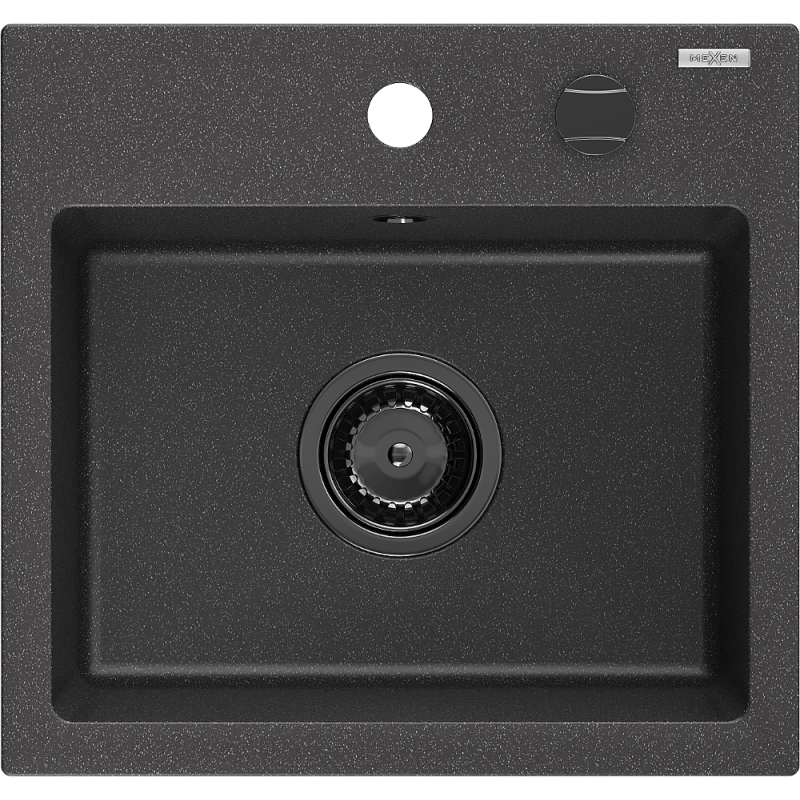 Mexen Milo granite sink 1-bowl 435 x 410 mm, black speckled, black siphon - 6505441000-76-B