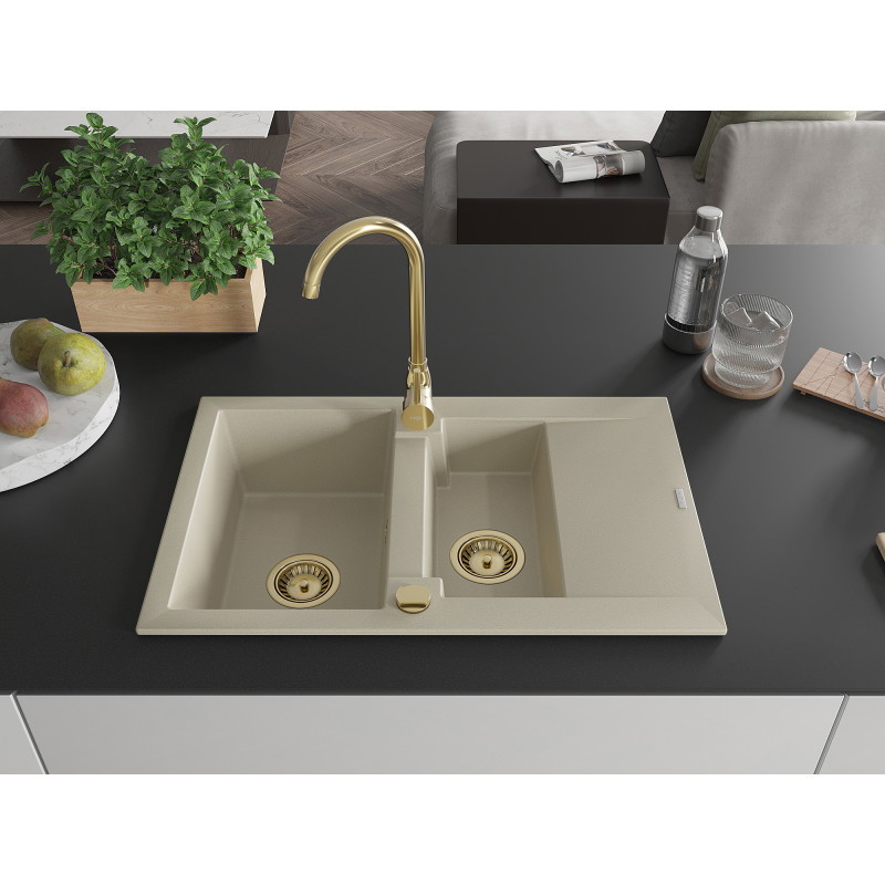 Mexen Gaspar granite sink 1.5-bowl with drainer 737 x 475 mm, beige, golden siphon - 6507731505-69-G