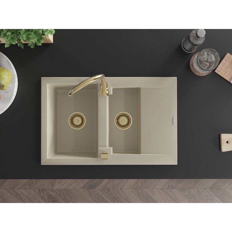 Mexen Gaspar granite sink 1.5-bowl with drainer 737 x 475 mm, beige, golden siphon - 6507731505-69-G