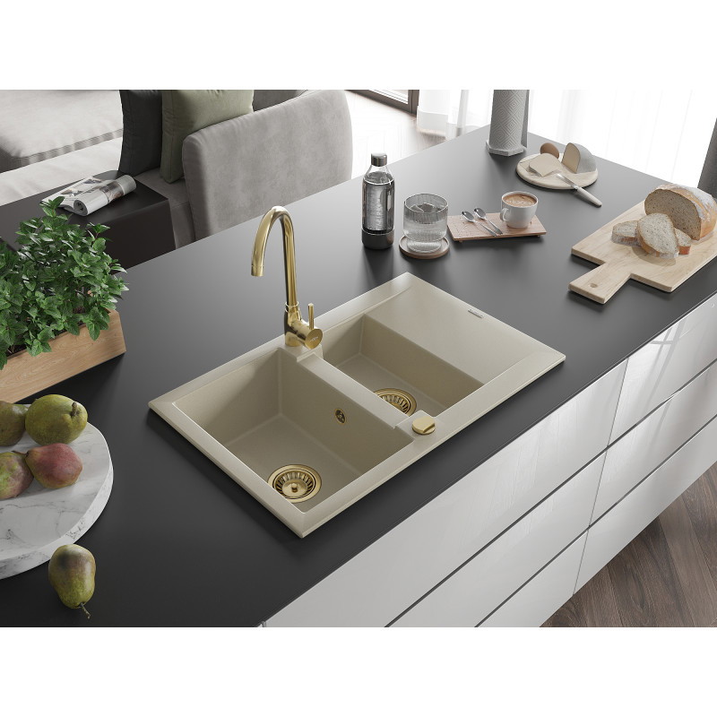Mexen Gaspar granite sink 1.5-bowl with drainer 737 x 475 mm, beige, golden siphon - 6507731505-69-G