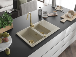 Mexen Gaspar 1.5-bowl granite sink with drainer 737 x 475 mm, beige, gold siphon - 6507731505-69-G