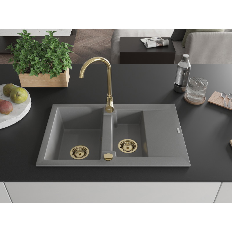 Mexen Gaspar granite sink 1.5-bowl with drainer 737 x 475 mm, gray, gold siphon - 6507731505-71-G