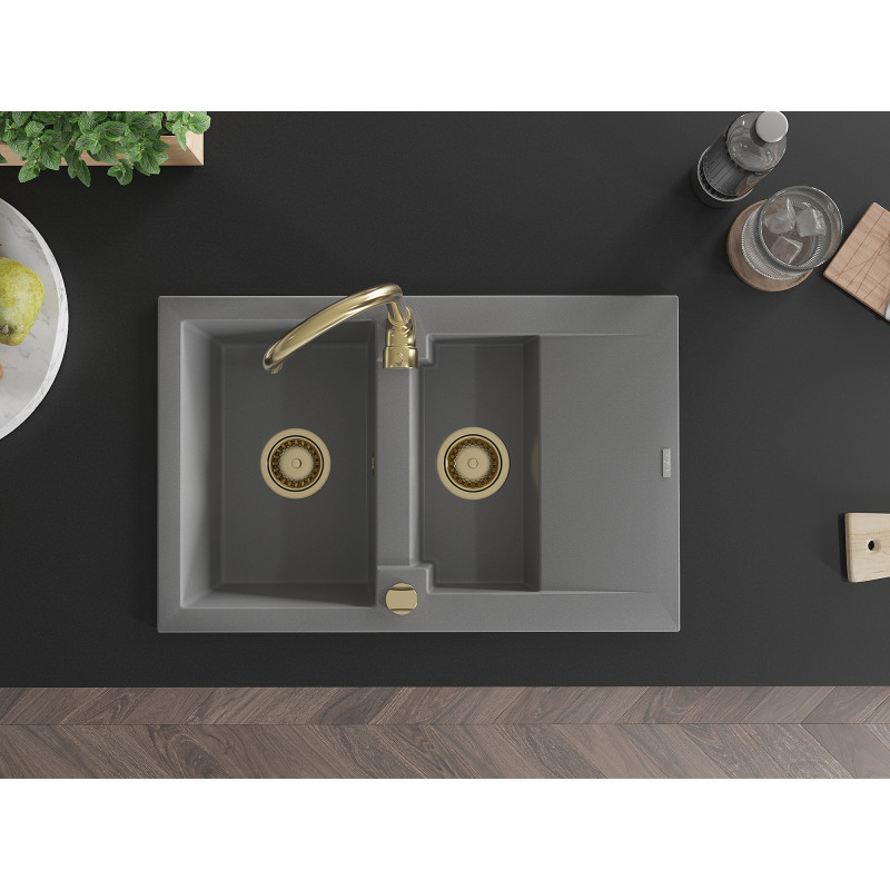 Mexen Gaspar granite sink 1.5-bowl with drainer 737 x 475 mm, gray, gold siphon - 6507731505-71-G