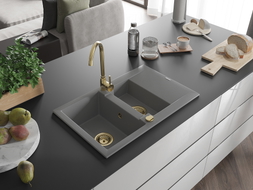 Mexen Gaspar 1.5-bowl granite sink with drainer 737 x 475 mm, gray, gold siphon - 6507731505-71-G