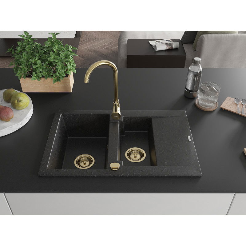 Mexen Gaspar granite sink 1.5-bowl with drainer 737 x 475 mm, black/silver metallic, gold siphon - 6507731505-73-G
