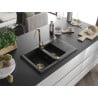 Mexen Gaspar granite sink 1.5-bowl with drainer 737 x 475 mm, black/silver metallic, gold siphon - 6507731505-73-G