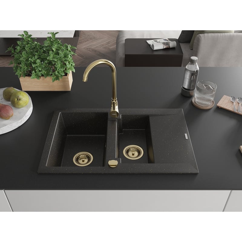 Mexen Gaspar 1.5-bowl granite sink with drainer 737 x 475 mm, black/gold metallic, gold siphon - 6507731505-75-G
