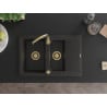 Mexen Gaspar 1.5-bowl granite sink with drainer 737 x 475 mm, black/gold metallic, gold siphon - 6507731505-75-G