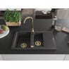 Mexen Gaspar granite sink 1.5-bowl with drainer 737 x 475 mm, black speckled, golden siphon - 6507731505-76-G