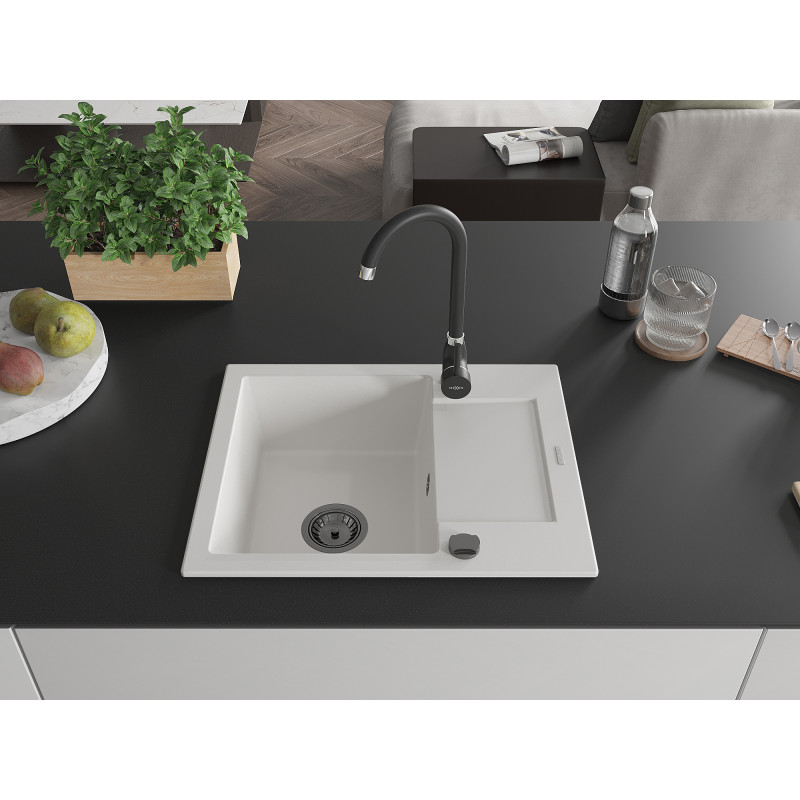 Mexen Enzo granite sink 1-bowl with drainer 576 x 465 mm, white, black siphon - 6506571005-20-B