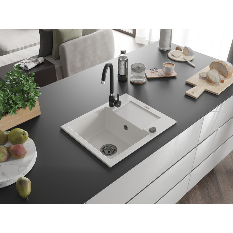 Mexen Enzo granite sink 1-bowl with drainer 576 x 465 mm, white, black siphon - 6506571005-20-B