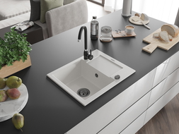 Mexen Enzo 1-compartment granite sink with a drip tray 576 x 465 mm, White, siphon Black - 6506571005-20-B