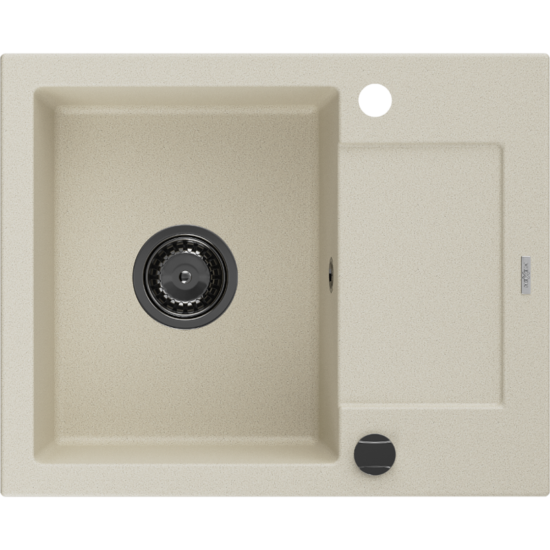 Mexen Enzo 1-compartment granite sink with a drip tray 576 x 465 mm, Beige, siphon Black - 6506571005-69-B