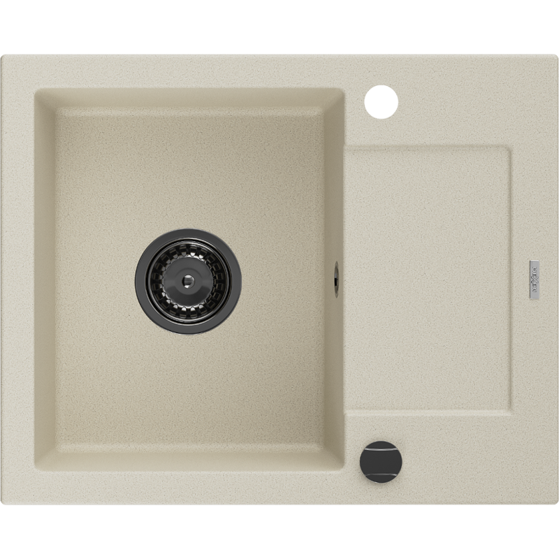 Mexen Enzo granite kitchen sink with 1 bowl and drainer 576 x 465 mm, beige, black siphon - 6506571005-69-B