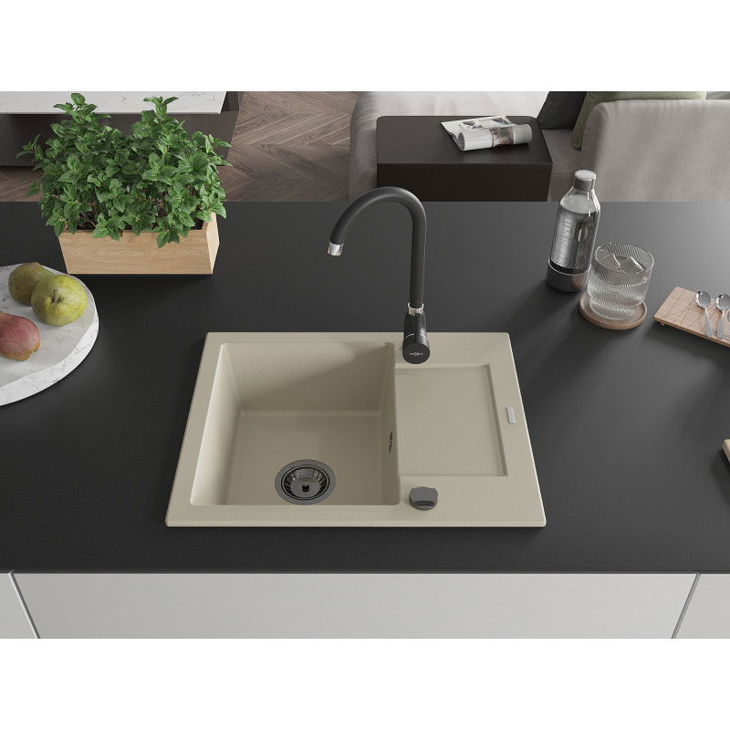 Mexen Enzo 1-bowl granite sink with drainer 576 x 465 mm, beige, black siphon - 6506571005-69-B