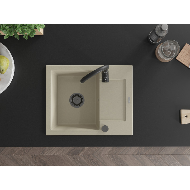 Mexen Enzo granite kitchen sink with 1 bowl and drainer 576 x 465 mm, beige, black siphon - 6506571005-69-B