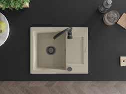 Mexen Enzo granite kitchen sink with 1 bowl and drainer 576 x 465 mm, beige, black siphon - 6506571005-69-B