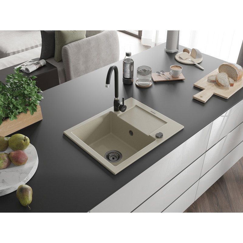 Mexen Enzo granite kitchen sink with 1 bowl and drainer 576 x 465 mm, beige, black siphon - 6506571005-69-B