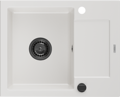 Mexen Enzo granite sink 1-bowl with drainer 576 x 465 mm, white, black siphon - 6506571005-20-B