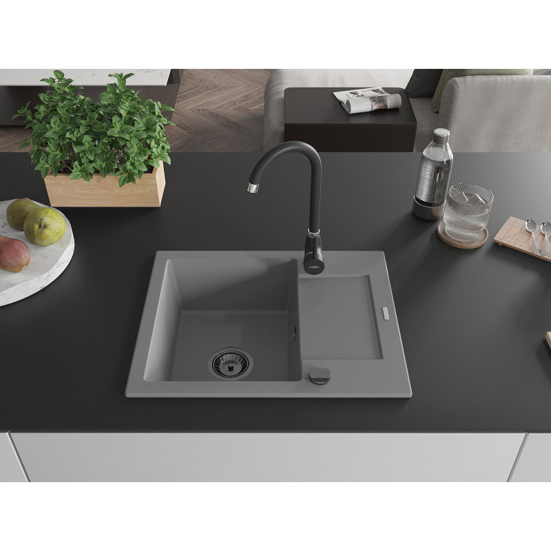 Mexen Enzo 1-Bowl Granite Sink with Drainer 576 x 465 mm, Gray, Black Siphon - 6506571005-71-B