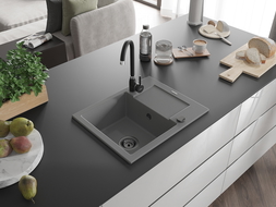 Mexen Enzo 1-compartment granite sink with a drip tray 576 x 465 mm, Grey, siphon Black - 6506571005-71-B