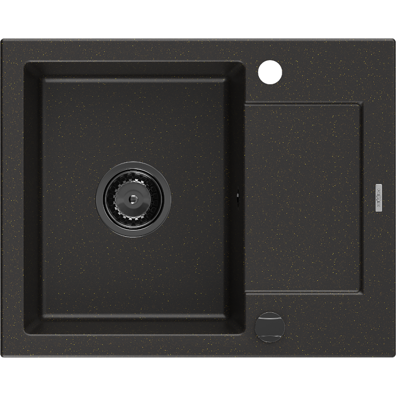 Mexen Enzo 1-compartment granite sink with a drip tray 576 x 465 mm, Black/Gold metallic, siphon Black - 6506571005-75-B