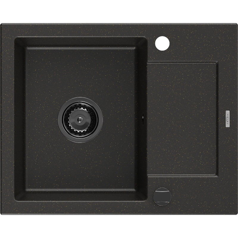 Mexen Enzo granite sink 1-bowl with drainer 576 x 465 mm, black/golden metallic, black siphon - 6506571005-75-B