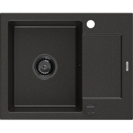 Mexen Enzo granite sink 1-bowl with drainer 576 x 465 mm, black/golden metallic, black siphon - 6506571005-75-B