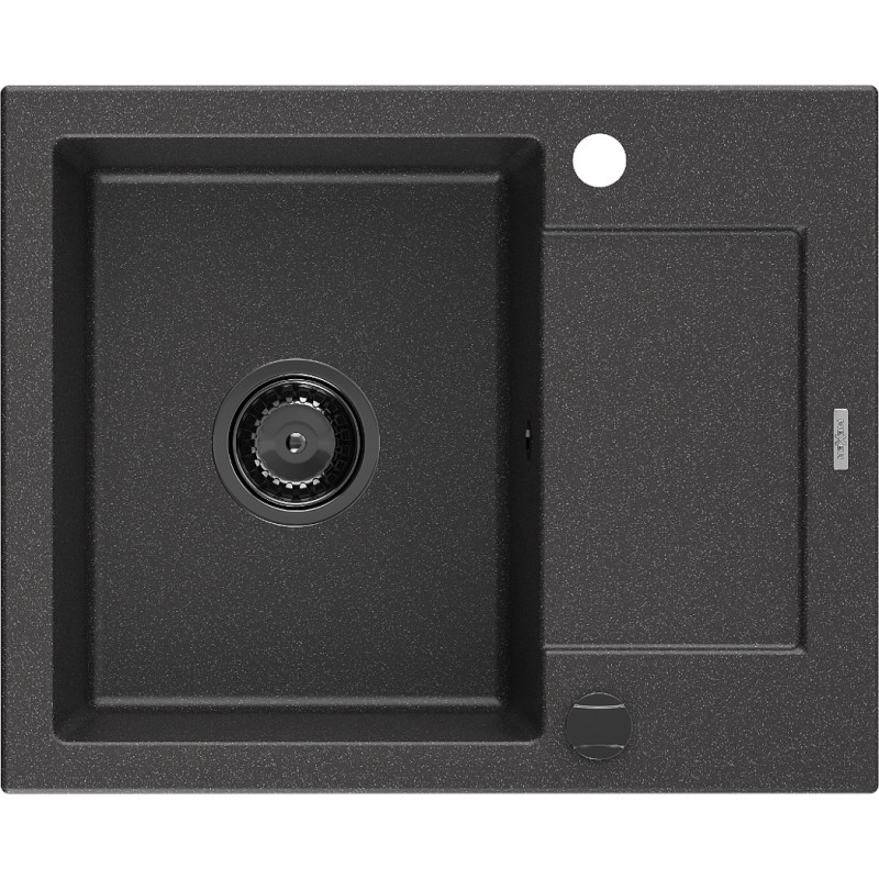 Mexen Enzo granite kitchen sink, single bowl with drainer 576 x 465 mm, black speckled, black siphon - 6506571005-76-B