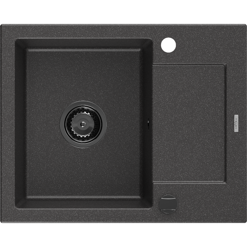 Mexen Enzo granite sink 1-bowl with drainer 576 x 465 mm, black speckled, black siphon - 6506571005-76-B
