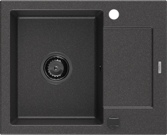 Mexen Enzo granite sink 1-bowl with drainer 576 x 465 mm, black speckled, black siphon - 6506571005-76-B