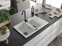 Mexen Gaspar 1.5-compartment granite sink with a drip tray 737 x 475 mm, White, siphon Black - 6507731505-20-B