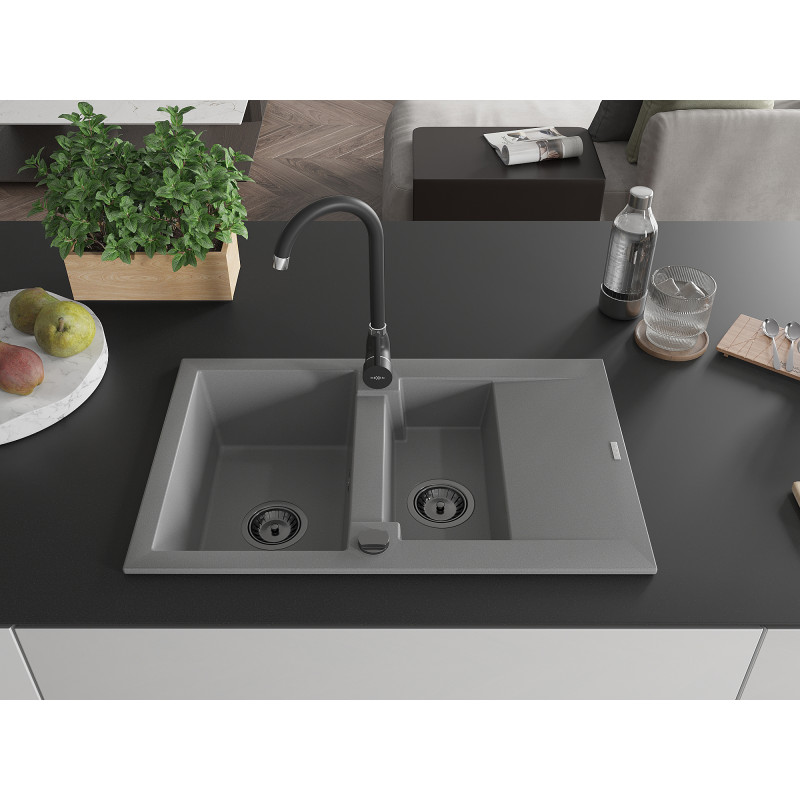 Mexen Gaspar granite sink 1.5-bowl with drainer 737 x 475 mm, gray, black siphon - 6507731505-71-B