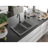 Mexen Gaspar granite sink 1.5-bowl with drainer 737 x 475 mm, gray, black siphon - 6507731505-71-B