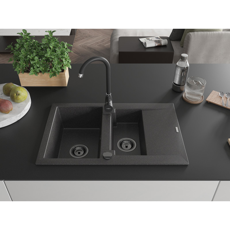 Mexen Gaspar granite sink 1.5-bowl with drainer 737 x 475 mm, black speckled, black siphon - 6507731505-76-B