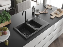 Mexen Gaspar 1.5-compartment granite sink with a drip tray 737 x 475 mm, spotted black, siphon Black - 6507731505-76-B