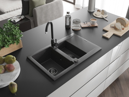 Mexen Gaspar granite sink 1.5-bowl with drainer 737 x 475 mm, black speckled, black siphon - 6507731505-76-B