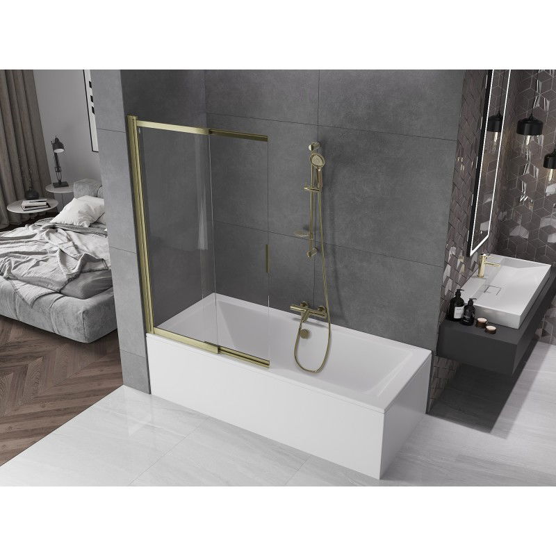 Mexen Fox 2-leaf sliding bath screen 100 x 150 cm, transparent, brushed gold - 891-100-002-55-00