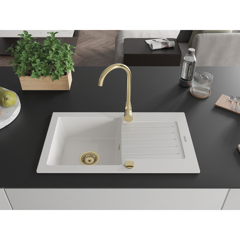 Mexen Pablo granite kitchen sink 1-bowl with drainer 752 x 436 mm, white, gold siphon - 6510751010-20-G